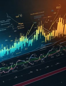 Um gráfico de candlestick mostrando a Análise Gráfica Mercado Financeiro, com um trader analisando os padrões de preço.