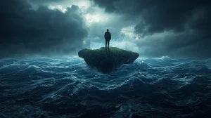 Um trader sozinho em uma ilha de pedra no meio de um mar tempestuoso, representando o Risco Day Trade.