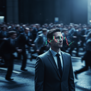 Trader no meio da multidão, com gráficos financeiros refletidos nos óculos, ilustrando o Efeito Manada no mercado